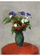 Vase of Flowers on a Red Tablecloth