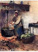 a cottage interior with a peasant woman preparing supper