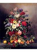 :ʻˮ - a still life with assorted flowers, fruit and insects on a ledge