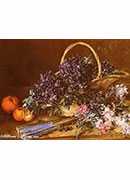 :ϵһʻ - a still life with a basket of flowers, oranges and a fan on a table