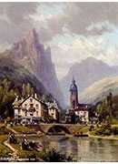 an agler before an alpine riverside town