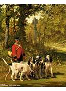 penne charles olivier de penne a huntmaster with his dogs on a forest trail oil on panel