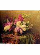 :϶ - a still life with lilacs and violets on a draped guilt rococo table