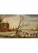 a winter landscape with skaters on a frozen river