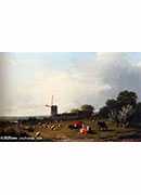 a panoramic summer landscape with cattle grazing in a meadow by a windmill