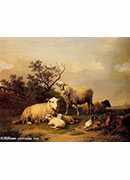 sheep with resting lambs and poultry in a landscape