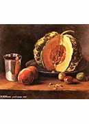 :ϹϣӺ - still life with a pumpkin, peaches and a silver goblet on a table top