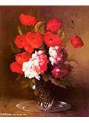 pink peonies and poppies in a glass vase