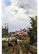 washer women on a sandy track with a village beyond