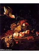 :ѣӣӣ - still life of grapes, a halved peach and cherries resting on a table with a parrot