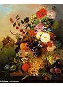 poppies peonies roses and other flowers with grapes cherries plums on a marble ledge