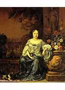 Ůʿȫ񣬻԰кСһ - a portrait of a lady seated small full length in a garden with her dog