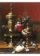 :ϵ¹ݱ߽ű뻨 - a still life with a german cup, a nautilus cup, a goblet an cut flowers on a table