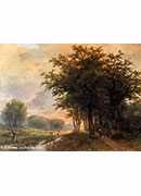 126x99 - a wooded river valley with peasants on a path, cattle in a