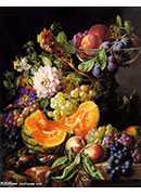 Peaches Plums Grapes and Melon With Autumn Flowers on a draped marble ledge