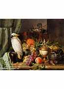 a cockatoo grapes figs plums a pineapple and a peach with other objects on a marble ledge