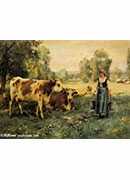 a milk maid with cows and sheep