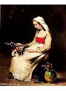 a girl arranging a vase of flowers