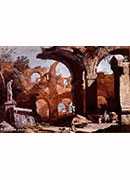 an architectural capriccio with figures investigating a tomb amongst ruins