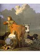 woman milking a red cow