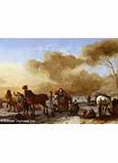 a winter landscape with horse drawn sleds