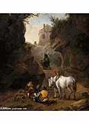 peasants playing cards by a white horse in a rocky gully