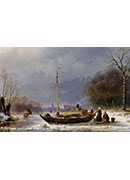 a wintry scene with figures near a boat on the ice