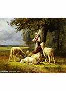 a shepherdess with her flock in a woodland clearing