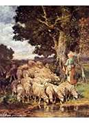 a shepherdess with her flock near a stream