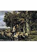 shepherdess watering her flock at a woodland pond