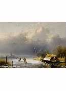 a winter landscape with figures on the ice