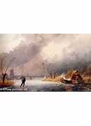 a winter landscape with skaters on a frozen waterway