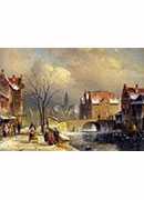 winter villagers on a snowy street by a canal