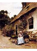 woman sewing in front of her cottage