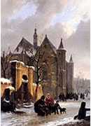 a capricio view with figures leaving a church in winter