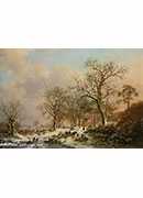 wood gatherers in a winter landscape with a castle beyond