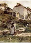 a woman filling her bucket at a well