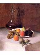 a carafe of wine and plate of fruit on a white tablecloth