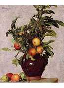 vase with apples and foliage