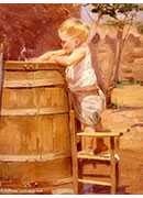 a boy at a water barrel