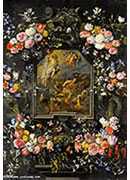 garlands of flowers surrounding a stone cartouche inset with a painting depecting the ressurection