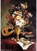 dahlias in a brass ewer with a mandolin, books and a clarinet on a table