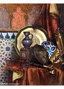 a tambourine, knife, moroccan tile and plate on satin covered table