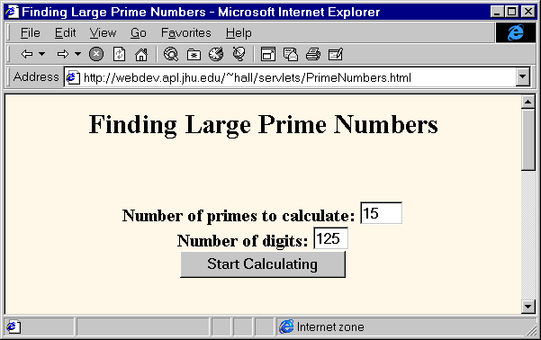 Form-based front end to prime number generator