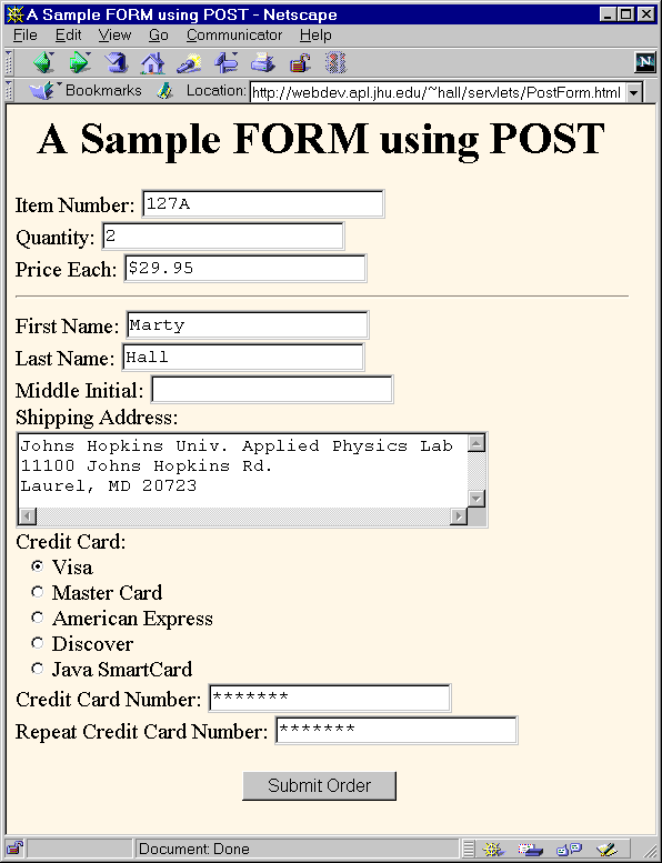 Front End to ShowParameters Servlet